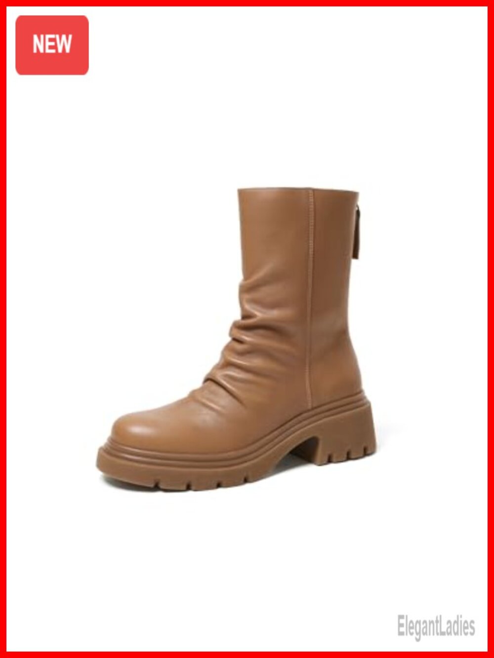 Leather Mid-Calf Slouch Boot Ruched Shaft Platform Low Heel Back Zip